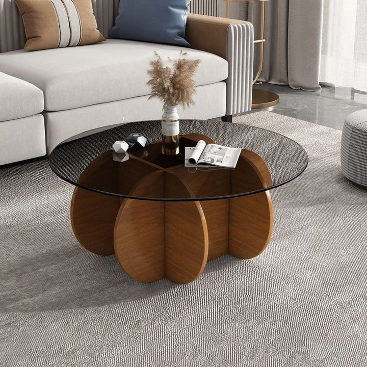 Table basse ronde courbée en bois et verre trempé créatif contemporain à 1 niveau pour salon 