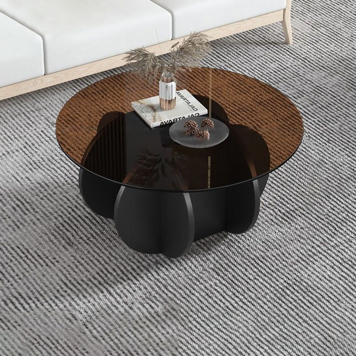Table basse ronde courbée en bois et verre trempé créatif contemporain à 1 niveau pour salon 