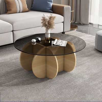 Contemporary Creative Tempered Glass Wood Round Curved Coffee Table 1-Tier For Living Room