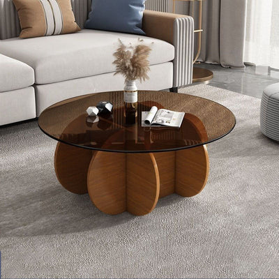 Contemporary Creative Tempered Glass Wood Round Curved Coffee Table 1-Tier For Living Room