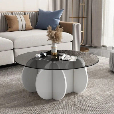 Contemporary Creative Tempered Glass Wood Round Curved Coffee Table 1-Tier For Living Room