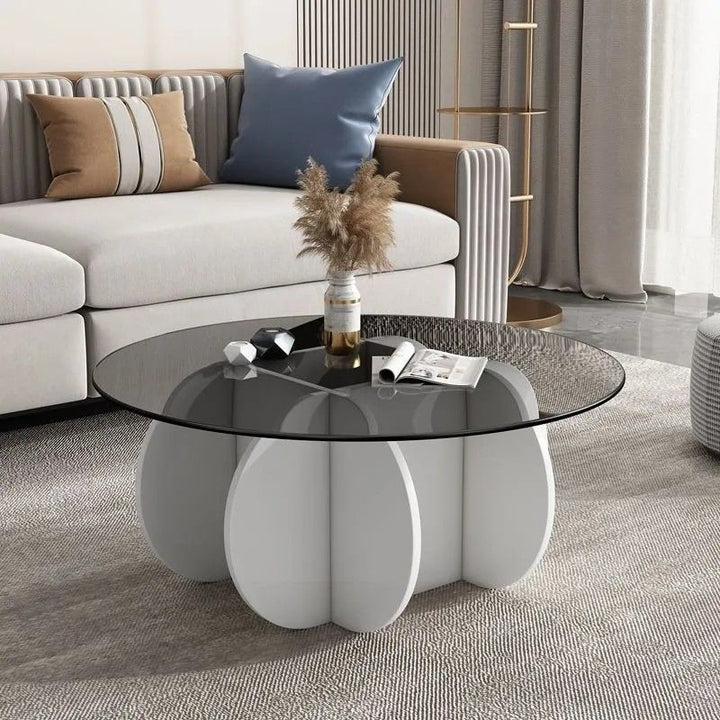 Table basse ronde courbée en bois et verre trempé créatif contemporain à 1 niveau pour salon 