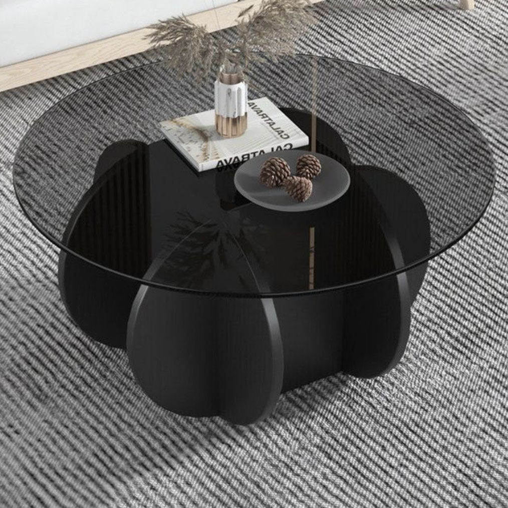 Table basse ronde courbée en bois et verre trempé créatif contemporain à 1 niveau pour salon 