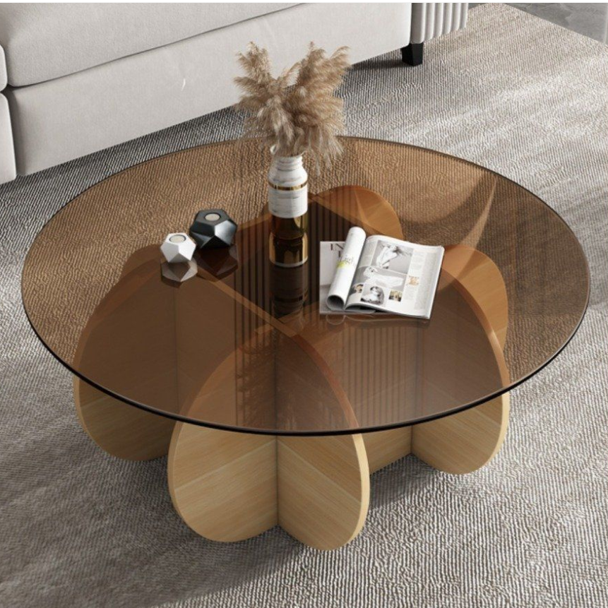 Table basse ronde courbée en bois et verre trempé créatif contemporain à 1 niveau pour salon 