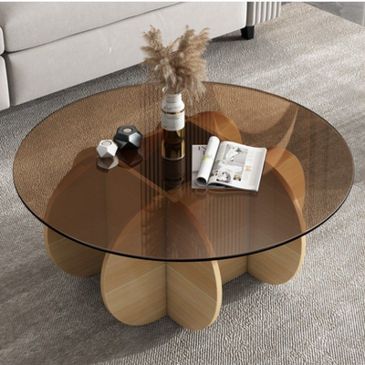 Contemporary Creative Tempered Glass Wood Round Curved Coffee Table 1-Tier For Living Room