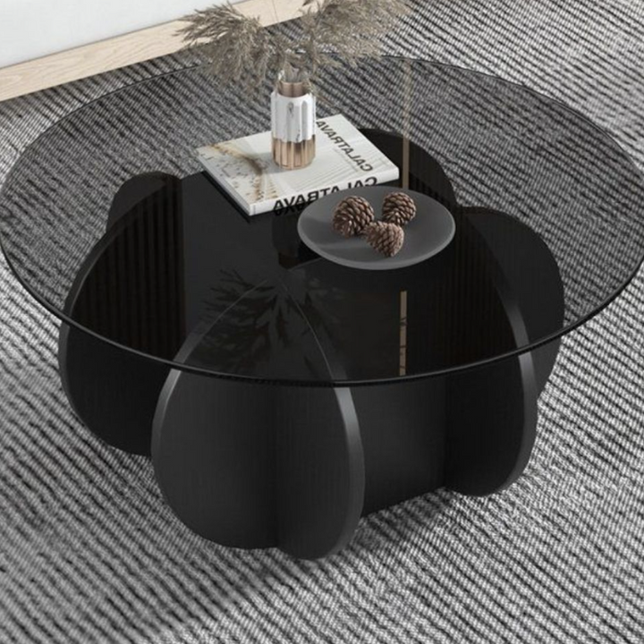 Table basse ronde courbée en bois et verre trempé créatif contemporain à 1 niveau pour salon 