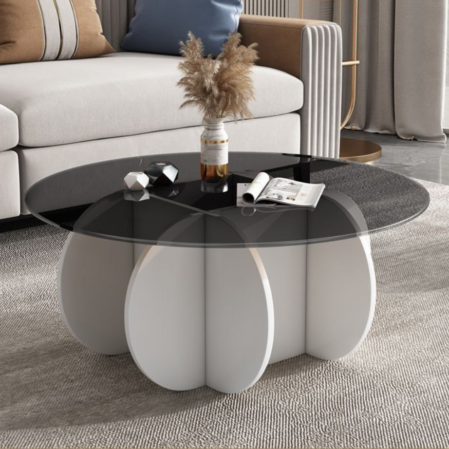 Table basse ronde courbée en bois et verre trempé créatif contemporain à 1 niveau pour salon 