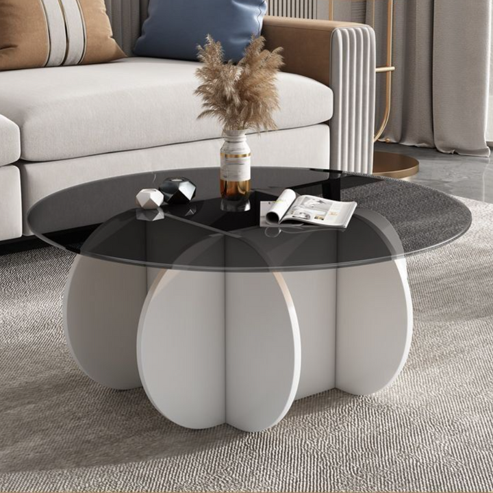 Table basse ronde courbée en bois et verre trempé créatif contemporain à 1 niveau pour salon 