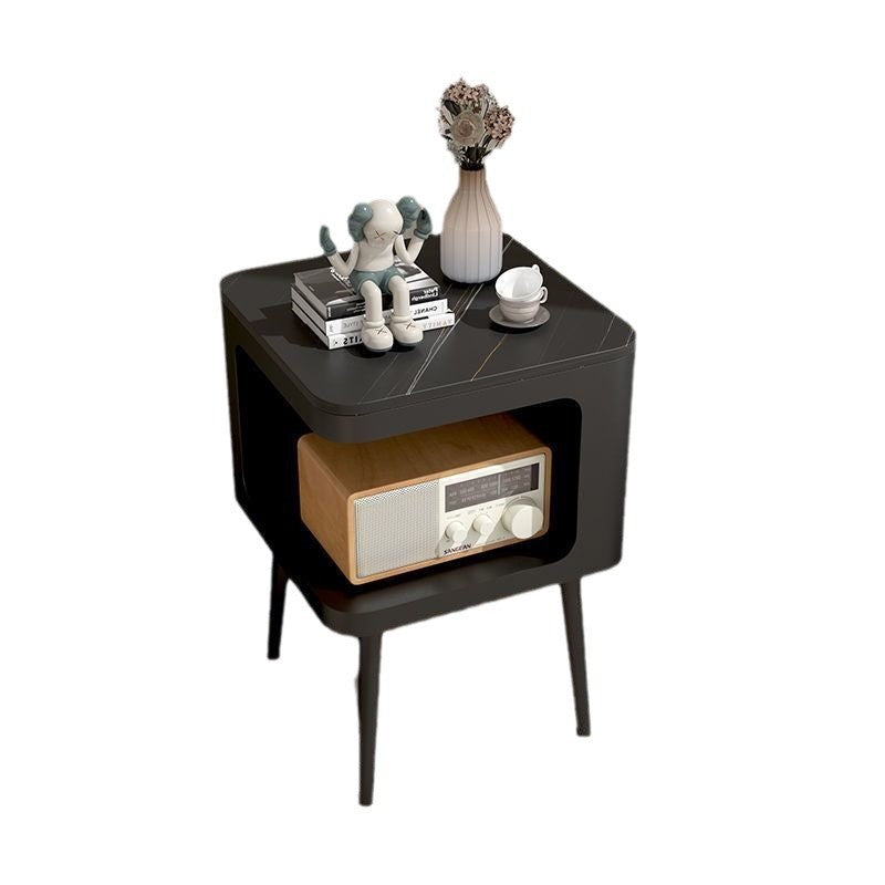 Contemporary Scandinavian Sintered Stone Iron Rounded Square Cylinder End Table With 2 Tiers For Living Room