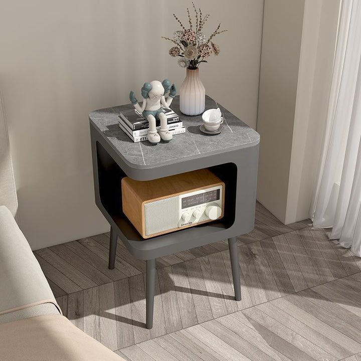 Contemporary Scandinavian Sintered Stone Iron Rounded Square Cylinder End Table With 2 Tiers For Living Room