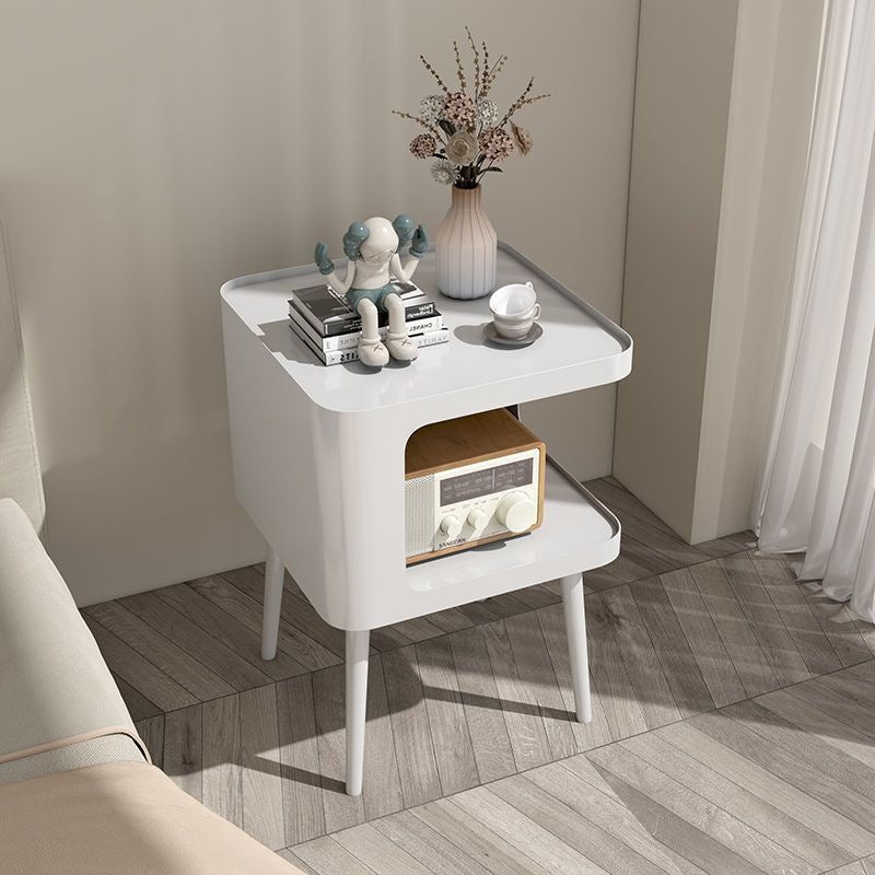Contemporary Scandinavian Sintered Stone Iron Rounded Square Cylinder End Table With 2 Tiers For Living Room