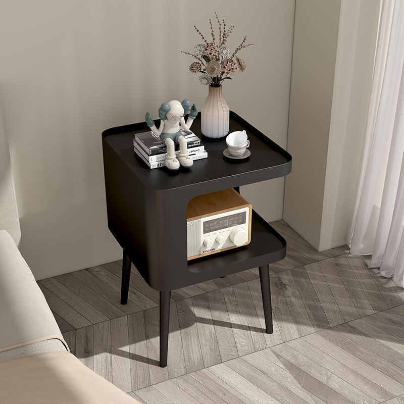 Contemporary Scandinavian Sintered Stone Iron Rounded Square Cylinder End Table With 2 Tiers For Living Room