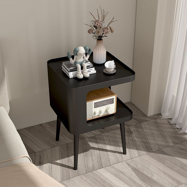 Contemporary Scandinavian Sintered Stone Iron Rounded Square Cylinder End Table With 2 Tiers For Living Room