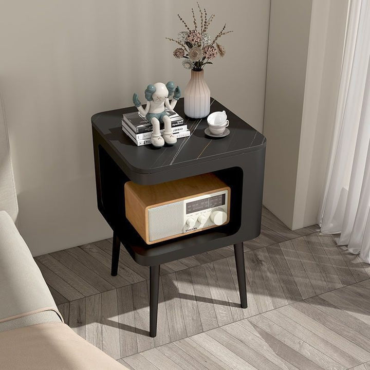 Contemporary Scandinavian Sintered Stone Iron Rounded Square Cylinder End Table With 2 Tiers For Living Room