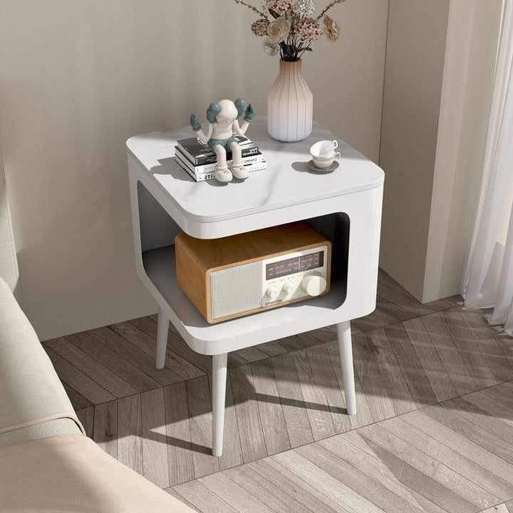 Contemporary Scandinavian Sintered Stone Iron Rounded Square Cylinder End Table With 2 Tiers For Living Room