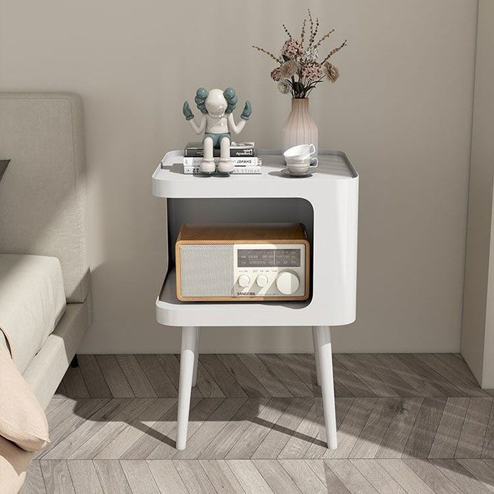 Contemporary Scandinavian Sintered Stone Iron Rounded Square Cylinder End Table With 2 Tiers For Living Room