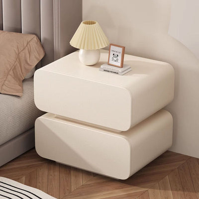 Modern Minimalist Nappa Leather Solid Wood Rounded Rectangular Nightstand With 2 Drawers For Bedroom