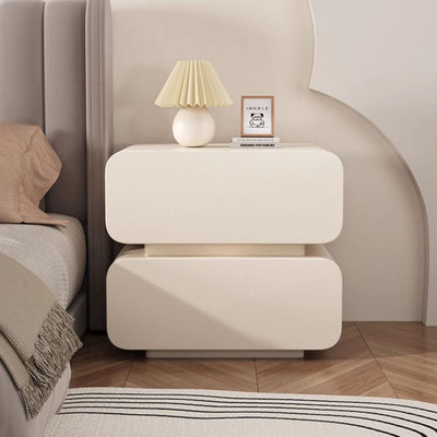 Modern Minimalist Nappa Leather Solid Wood Rounded Rectangular Nightstand With 2 Drawers For Bedroom
