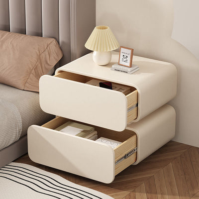 Modern Minimalist Nappa Leather Solid Wood Rounded Rectangular Nightstand With 2 Drawers For Bedroom