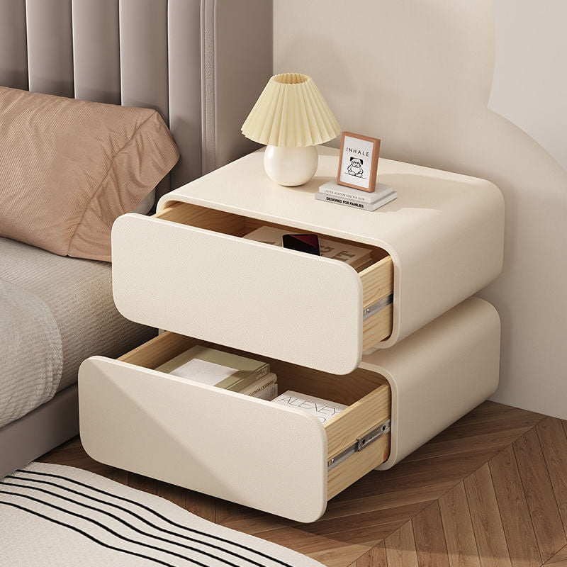 Modern Minimalist Nappa Leather Solid Wood Rounded Rectangular Nightstand With 2 Drawers For Bedroom