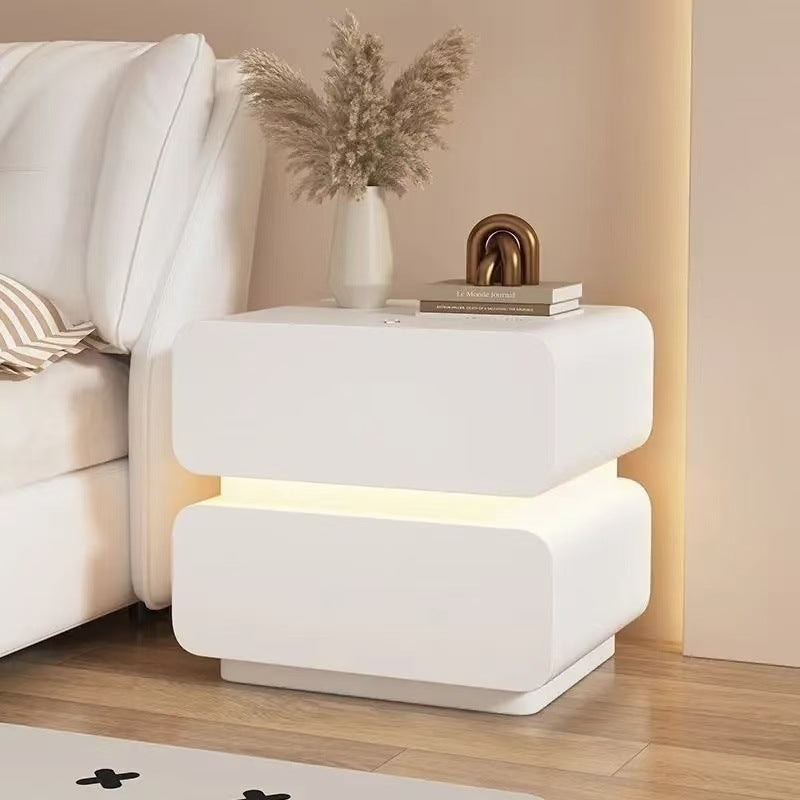 Modern Minimalist Nappa Leather Solid Wood Rounded Rectangular Nightstand With 2 Drawers For Bedroom