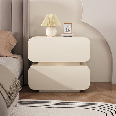 Modern Minimalist Nappa Leather Solid Wood Rounded Rectangular Nightstand With 2 Drawers For Bedroom