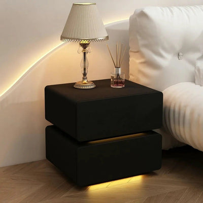 Modern Minimalist Nappa Leather Solid Wood Rounded Rectangular Nightstand With 2 Drawers For Bedroom