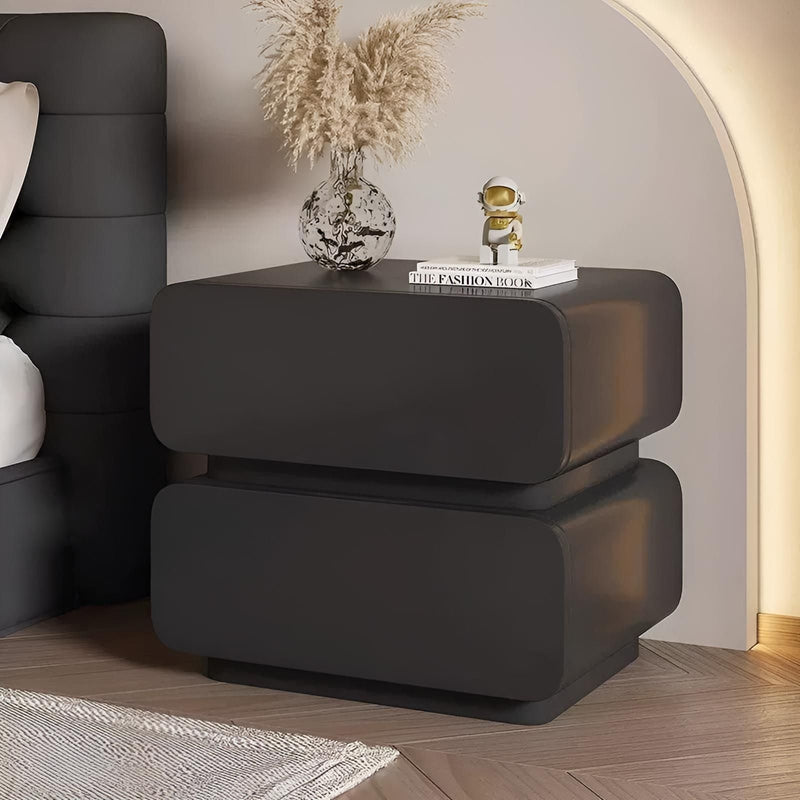 Modern Minimalist Nappa Leather Solid Wood Rounded Rectangular Nightstand With 2 Drawers For Bedroom