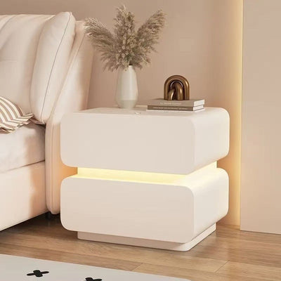 Modern Minimalist Nappa Leather Solid Wood Rounded Rectangular Nightstand With 2 Drawers For Bedroom