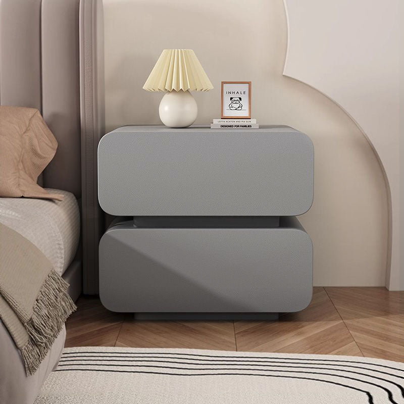 Modern Minimalist Nappa Leather Solid Wood Rounded Rectangular Nightstand With 2 Drawers For Bedroom