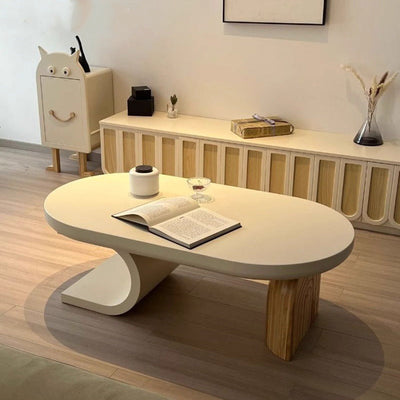 Traditional Japanese Solid Wood Oval Curved Coffee Table 1-Tier For Living Room