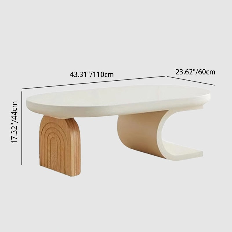 Traditional Japanese Solid Wood Oval Curved Coffee Table 1-Tier For Living Room