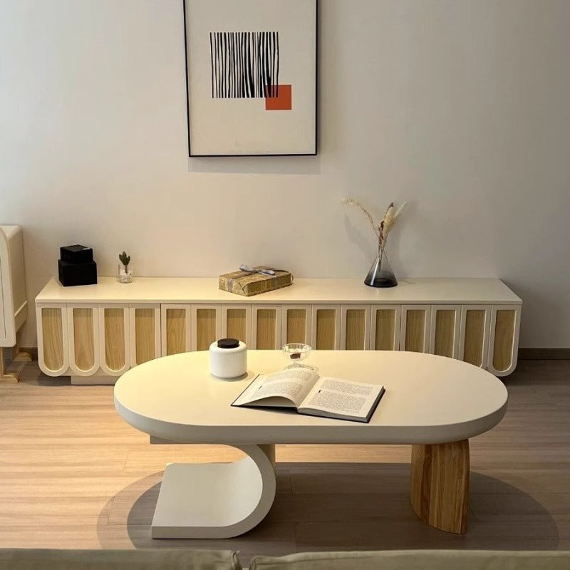 Table basse ovale incurvée en bois massif japonais traditionnel à 1 niveau pour salon 