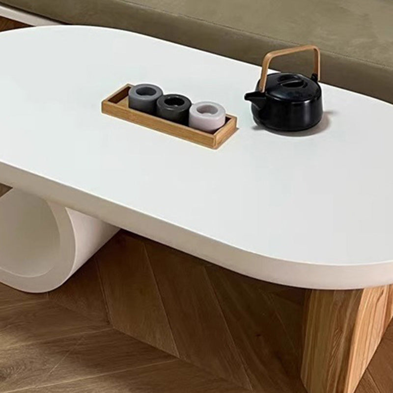 Traditional Japanese Solid Wood Oval Curved Coffee Table 1-Tier For Living Room