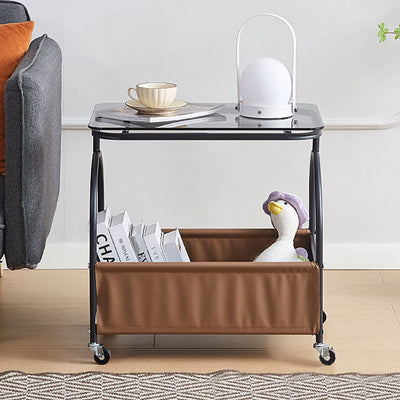 Mesa auxiliar redonda rectangular de vidrio templado minimalista moderno con metal y cuero PU de 2 niveles para sala de estar 