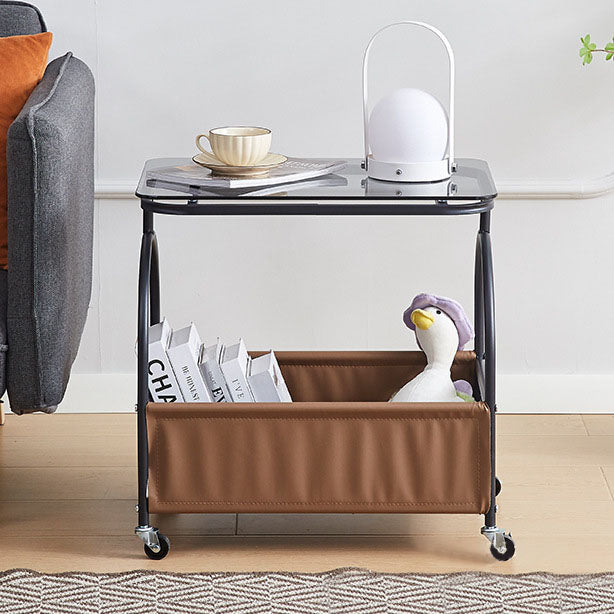 Mesa auxiliar redonda rectangular de vidrio templado minimalista moderno con metal y cuero PU de 2 niveles para sala de estar 