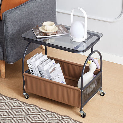 Mesa auxiliar redonda rectangular de vidrio templado minimalista moderno con metal y cuero PU de 2 niveles para sala de estar 
