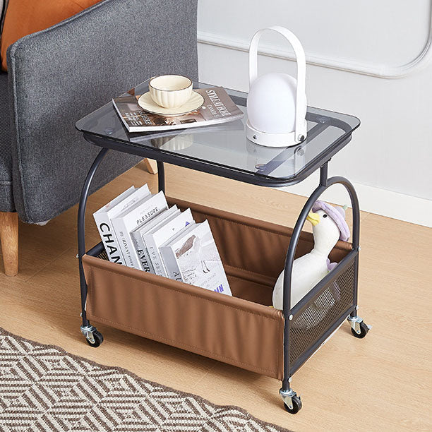 Mesa auxiliar redonda rectangular de vidrio templado minimalista moderno con metal y cuero PU de 2 niveles para sala de estar 