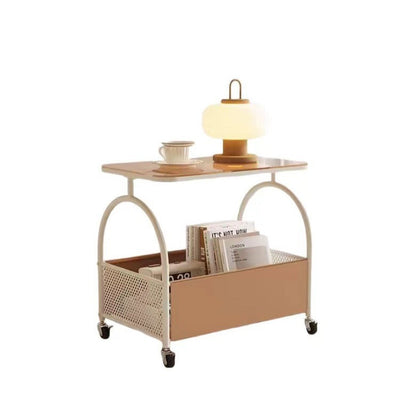 Mesa auxiliar redonda rectangular de vidrio templado minimalista moderno con metal y cuero PU de 2 niveles para sala de estar 