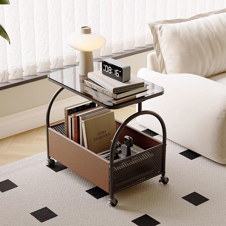 Mesa auxiliar redonda rectangular de vidrio templado minimalista moderno con metal y cuero PU de 2 niveles para sala de estar 