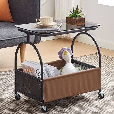 Mesa auxiliar redonda rectangular de vidrio templado minimalista moderno con metal y cuero PU de 2 niveles para sala de estar 