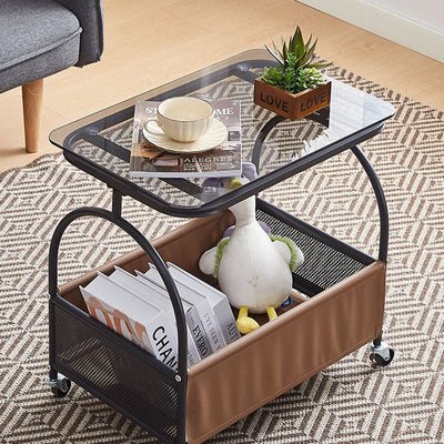 Mesa auxiliar redonda rectangular de vidrio templado minimalista moderno con metal y cuero PU de 2 niveles para sala de estar 