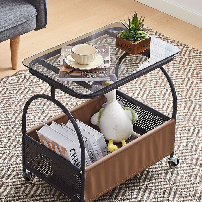Mesa auxiliar redonda rectangular de vidrio templado minimalista moderno con metal y cuero PU de 2 niveles para sala de estar 