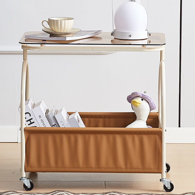 Mesa auxiliar redonda rectangular de vidrio templado minimalista moderno con metal y cuero PU de 2 niveles para sala de estar 