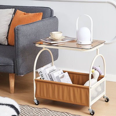 Mesa auxiliar redonda rectangular de vidrio templado minimalista moderno con metal y cuero PU de 2 niveles para sala de estar 