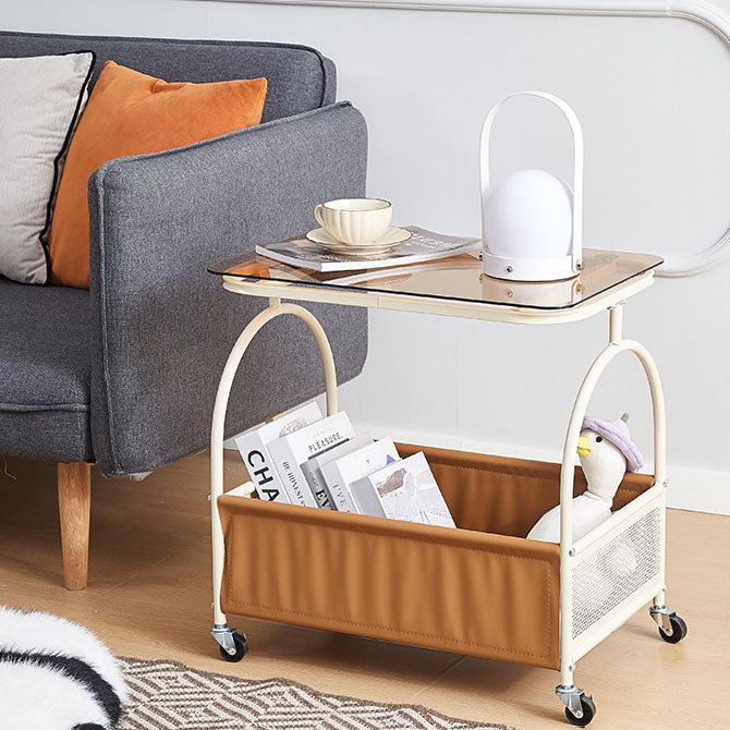 Mesa auxiliar redonda rectangular de vidrio templado minimalista moderno con metal y cuero PU de 2 niveles para sala de estar 