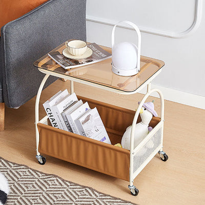 Mesa auxiliar redonda rectangular de vidrio templado minimalista moderno con metal y cuero PU de 2 niveles para sala de estar 