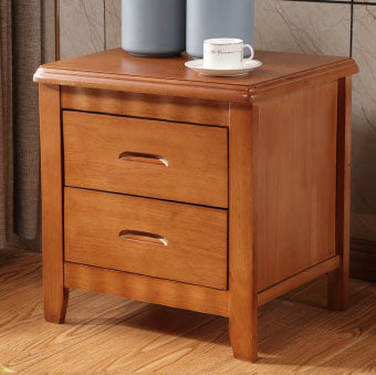 Traditional Chinese Solid Wood Rounded Square Nightstand 2-Drawer For Bedroom