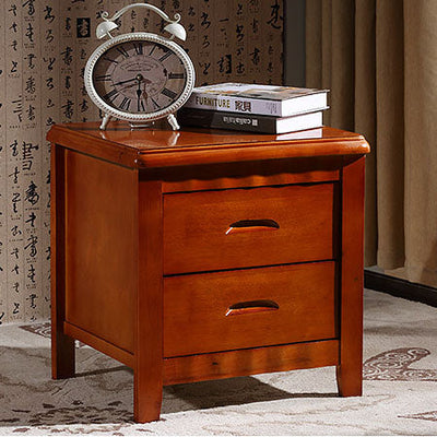 Traditional Chinese Solid Wood Rounded Square Nightstand 2-Drawer For Bedroom