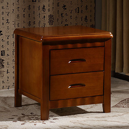 Traditional Chinese Solid Wood Rounded Square Nightstand 2-Drawer For Bedroom